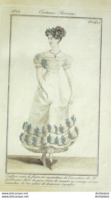 Gravure de mode Costume Parisien 1822 n°2042 Robe de gaze ornée de remplis