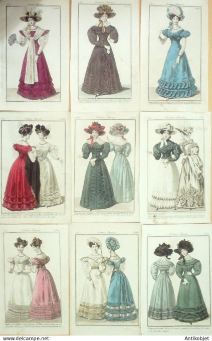 Gravures de mode Costume Parisien 1825 Lot 18 9 pièces
