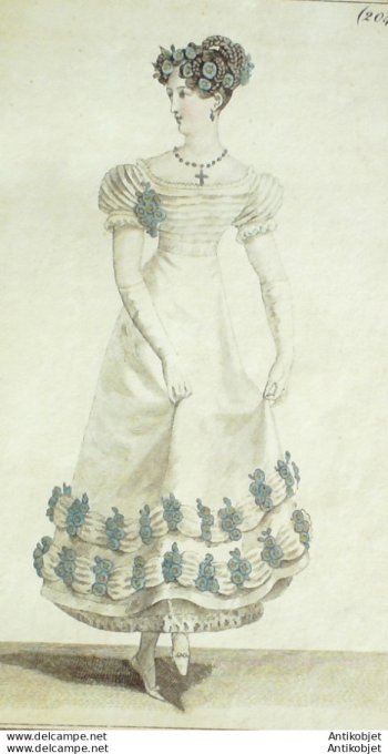 Gravure de mode Costume Parisien 1822 n°2042 Robe de gaze ornée de remplis