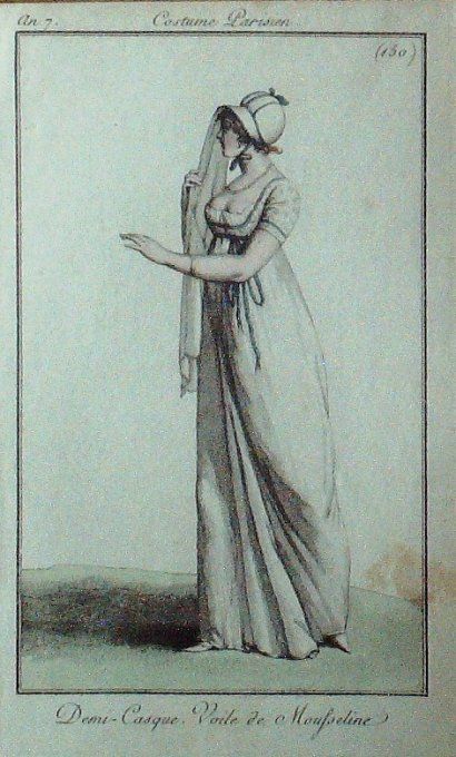 Gravure Mode Costume Parisien 1799 an  7 # 150 (eau forte old Fashion plate