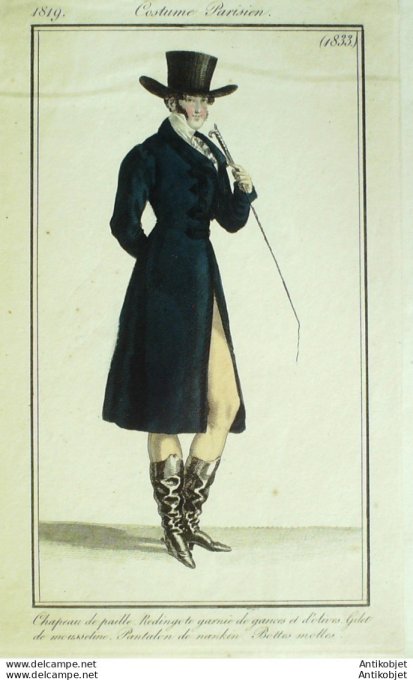 Gravure de mode Costume Parisien 1819 n°1833 Redingote Homme & gances d'olives