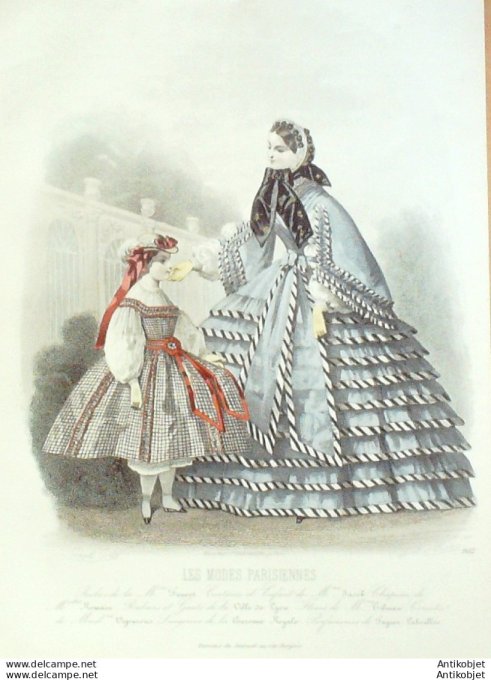 Gravure Les Modes Parisiennes 1860 # 902 Robes de ville Maison Fauvet