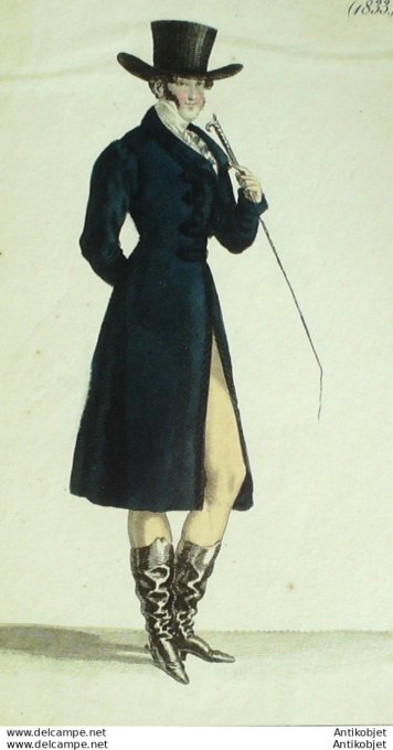 Gravure de mode Costume Parisien 1819 n°1833 Redingote Homme & gances d'olives