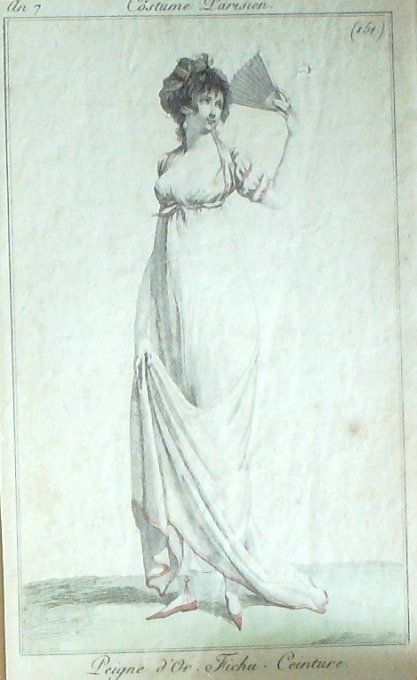 Gravure Mode Costume Parisien 1799 an  7 # 151 (eau forte old Fashion plate