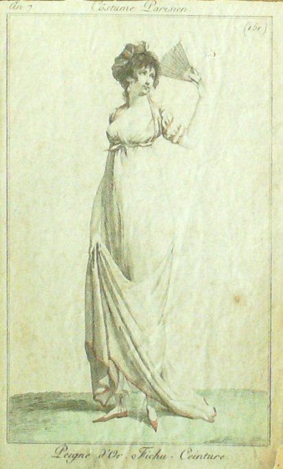 Gravure Mode Costume Parisien 1799 an  7 # 151 (eau forte old Fashion plate