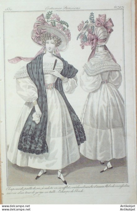 Gravure de mode Costume Parisien 1830 n°2797 Robes de mousseline garnie d'un tour