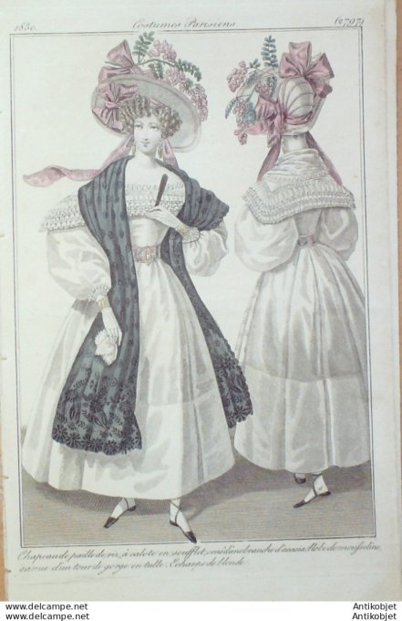 Costume Parisien 1830 # 2797 Robes de mousseline garnie dun tour