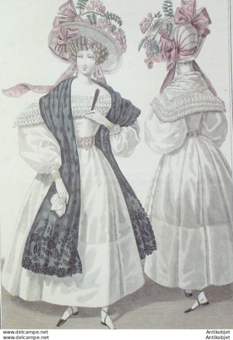 Gravure de mode Costume Parisien 1830 n°2797 Robes de mousseline garnie d'un tour