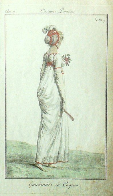 Gravure Mode Costume Parisien 1799 an  7 # 152 (eau forte old Fashion plate