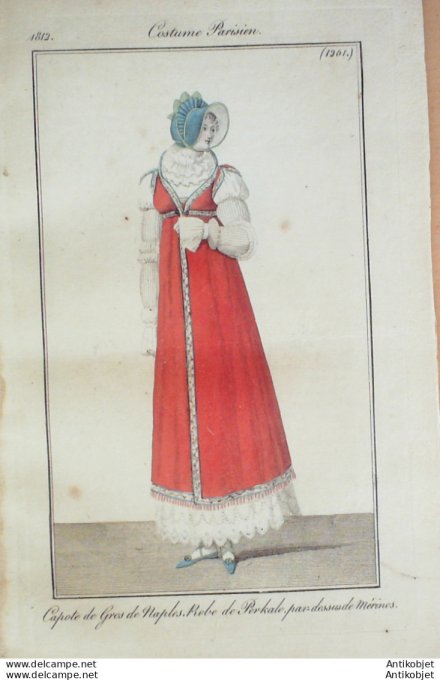 Gravure de mode Costume Parisien 1812 n°1261 Robe perkale pardessus Mérinos