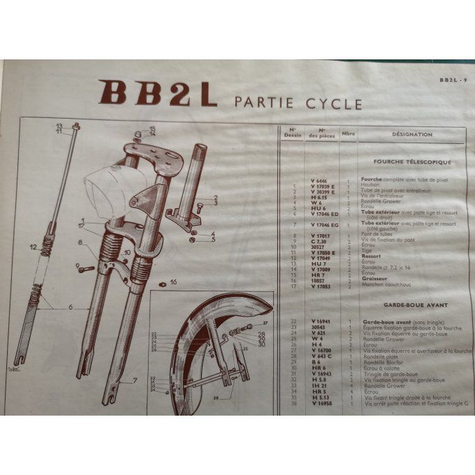 Catalogue PEUGEOT cyclomoteur BB2L 1958 (pièces détachées)