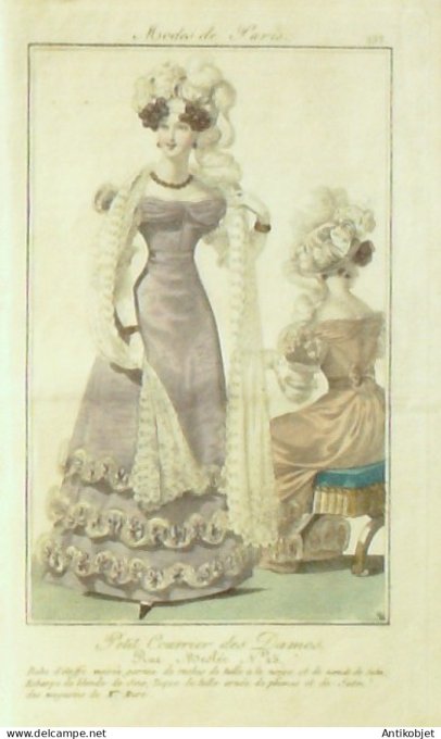 Gravure de mode Petit courrier des Dames 1823 n° 133 Robe d'étoffe (Maison Mure)