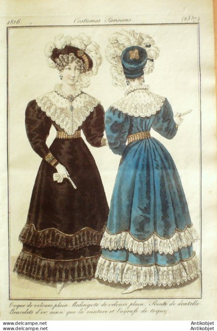 Gravure de mode Costume Parisien 1826 n°2387 Redingote et Toque velours