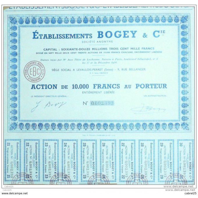 Bogey Ets Levallois (92) action 10000 Fr 1954