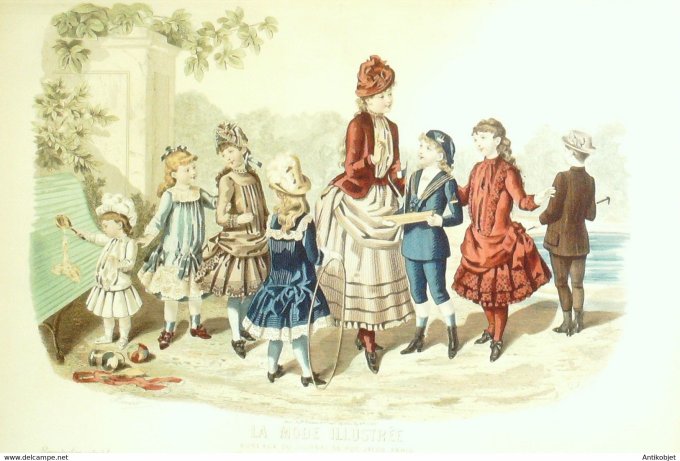 Gravure de mode La Mode illustrée 1885 n°22 (Costumes d'enfants)