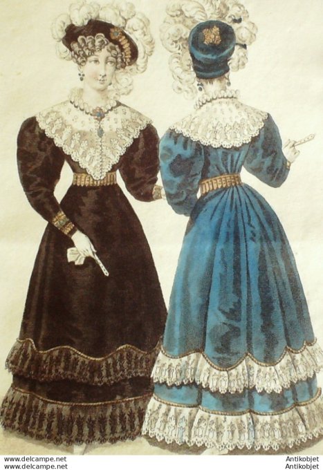 Gravure de mode Costume Parisien 1826 n°2387 Redingote et Toque velours