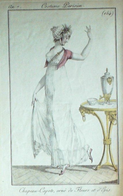 Gravure Mode Costume Parisien 1799 an  7 # 154 (eau forte old Fashion plate
