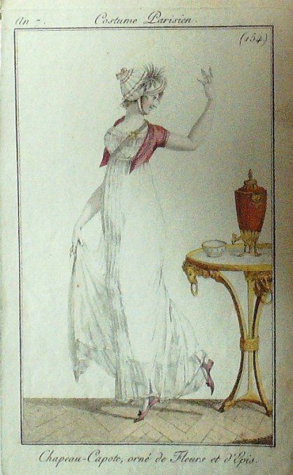Gravure Mode Costume Parisien 1799 an  7 # 154 (eau forte old Fashion plate