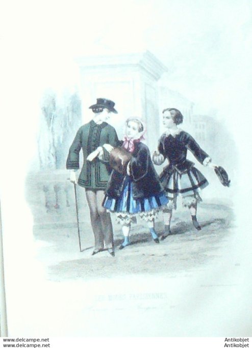 Gravure Les Modes Parisiennes 1851 # 613 Costumes enfants velours mantelets