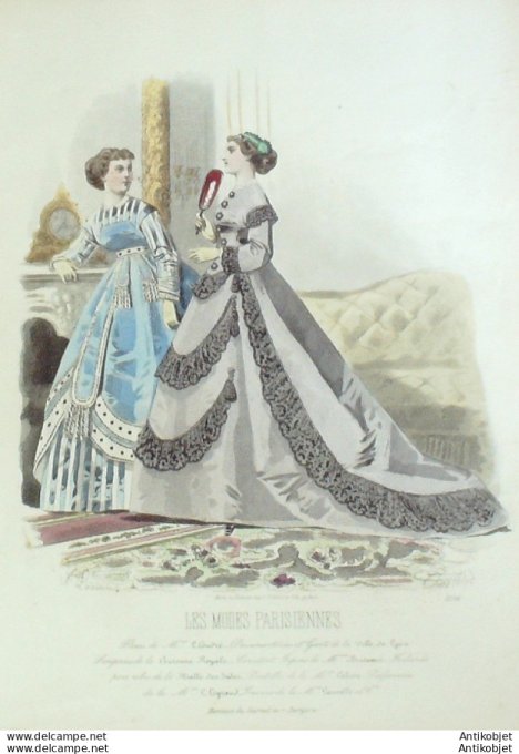 Gravure Les Modes Parisiennes 1865 #1236 Toilettes d'intérieur Couronne Royale