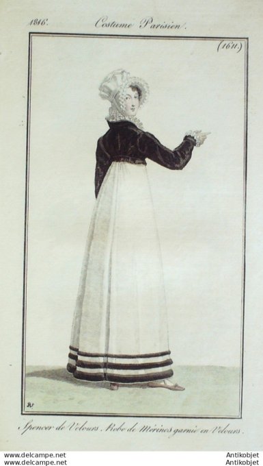 Gravure de mode Costume Parisien 1816 n°1611 Spencer velours Robe de mérinos