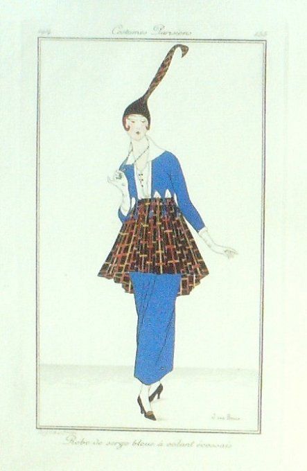 Gravure Costume Parisien 1914 #155 J.Van Brock Robe de serge bleue