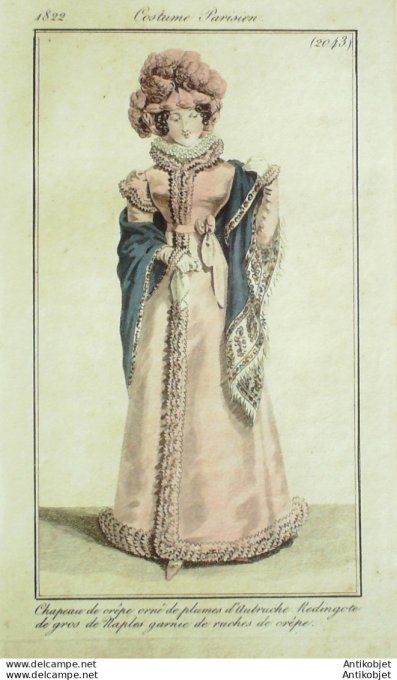 Gravure de mode Costume Parisien 1822 n°2043 Redingote de gros de Naples