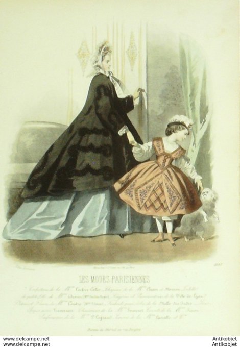 Gravure Les Modes Parisiennes 1863 #1097 Toilettes velours Maison Leclère-Collot Chien