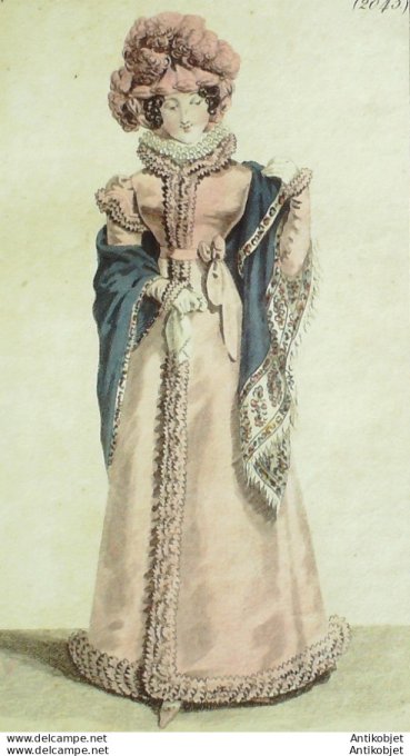 Gravure de mode Costume Parisien 1822 n°2043 Redingote de gros de Naples