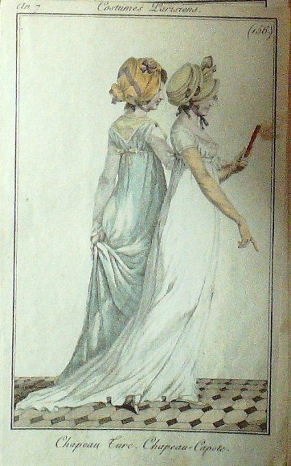 Gravure Mode Costume Parisien 1799 an  7 # 156 (eau forte old Fashion plate