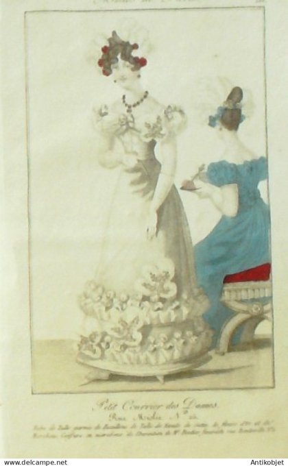 Gravure de mode Petit courrier des Dames 1823 n° 188 Robe tulle (Maison Pontier)