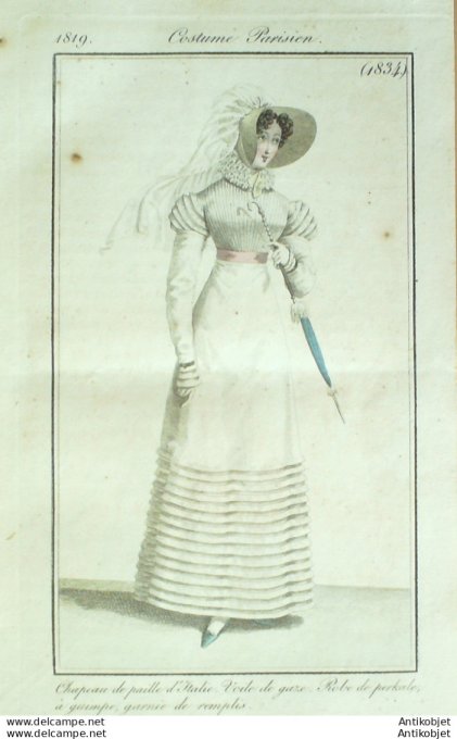 Gravure de mode Costume Parisien 1819 n°1834 Robe perkale à guimpe garnie