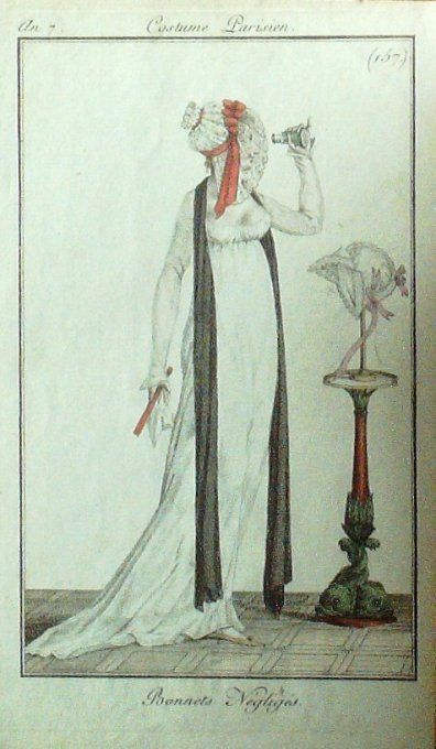 Gravure Mode Costume Parisien 1799 an  7 # 157 (eau forte old Fashion plate