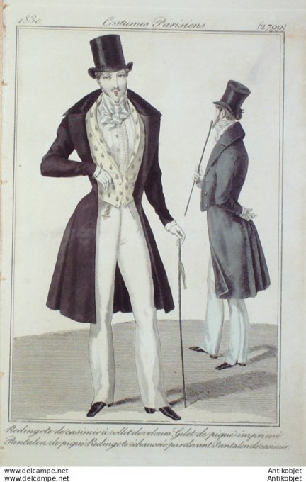 Gravure de mode Costume Parisien 1830 n°2799 Redingote de casimir homme à collet