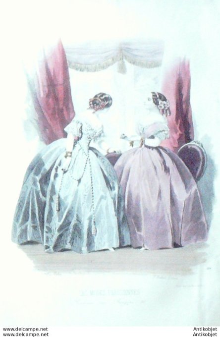 Gravure Les Modes Parisiennes 1851 # 614 Robes de gaze et Perkale