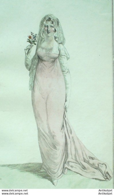 Gravure de mode Costume Parisien 1802 n° 388 (An 10) Voile à plat sur les cheveux