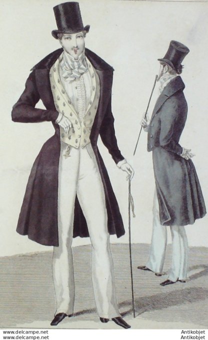 Gravure de mode Costume Parisien 1830 n°2799 Redingote de casimir homme à collet