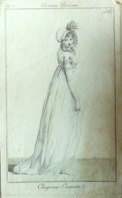 Gravure Mode Costume Parisien 1799 an  7 # 158 (eau forte old Fashion plate