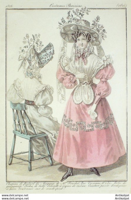 Gravure de mode Costume Parisien 1828 n°2625 Robe de Guingamp fichu de tulle