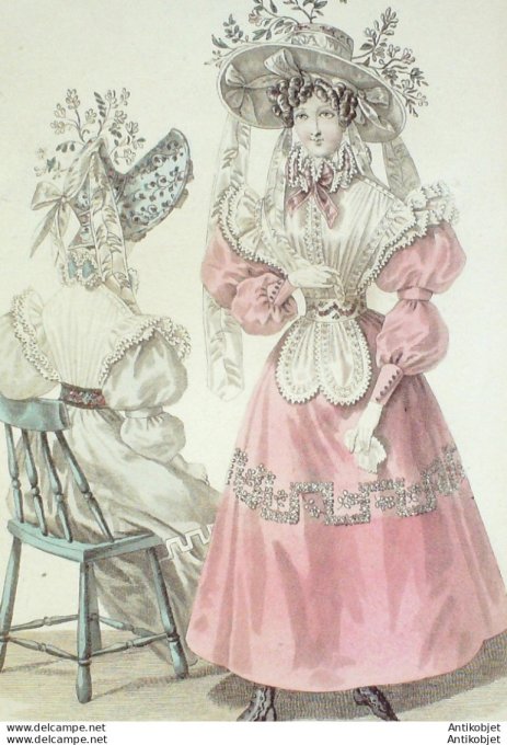 Gravure de mode Costume Parisien 1828 n°2625 Robe de Guingamp fichu de tulle