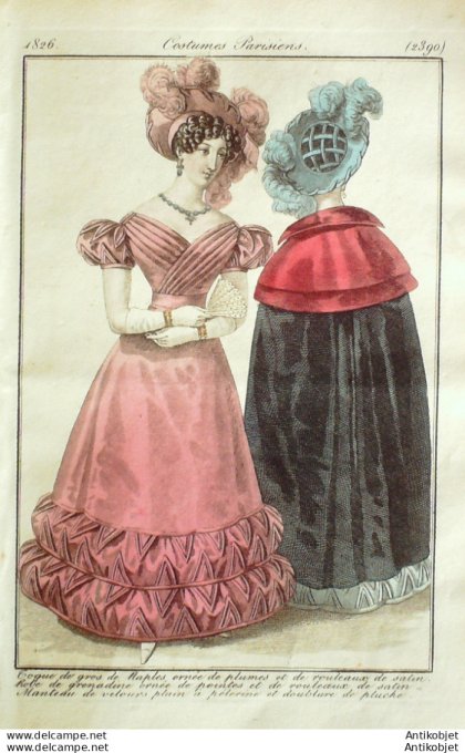 Gravure de mode Costume Parisien 1826 n°2390 Robe de grenadine et satin