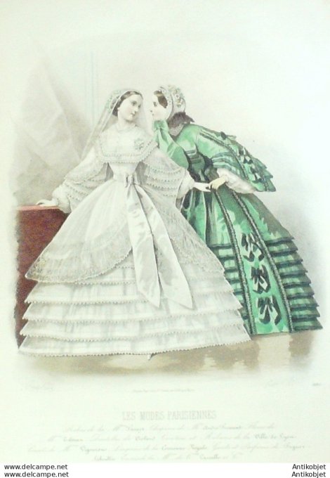 Gravure Les Modes Parisiennes 1860 # 905 Robes de Mariée Maison Fauvet