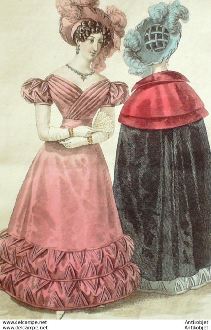 Gravure de mode Costume Parisien 1826 n°2390 Robe de grenadine et satin