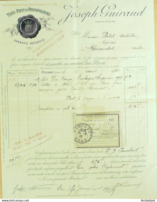 Facture Joseph Guiraud (Vins spititueux) 1929 à Géraudot (11)