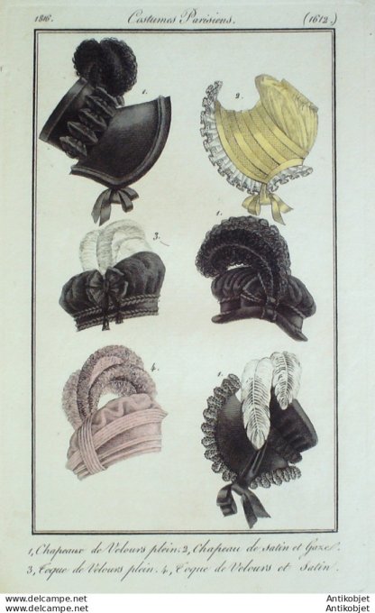 Costume Parisien 1816 # 1612 Chapeaux de velours satin