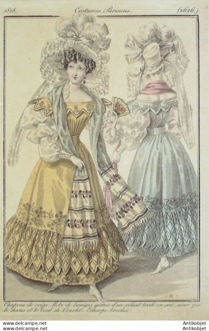 Gravure de mode Costume Parisien 1828 n°2626 Robe Barèges garnie en soie
