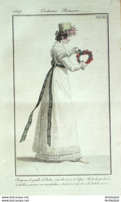 Gravure de mode Costume Parisien 1819 n°1836 Robe perkale à tablier garnie