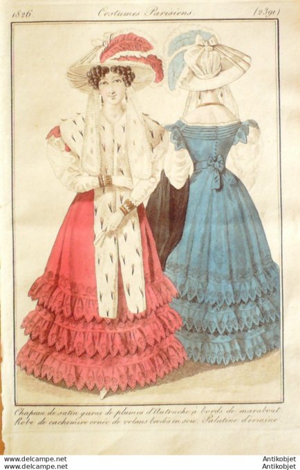 Gravure de mode Costume Parisien 1826 n°2391 Robe de cachemire palatine d'Ermine