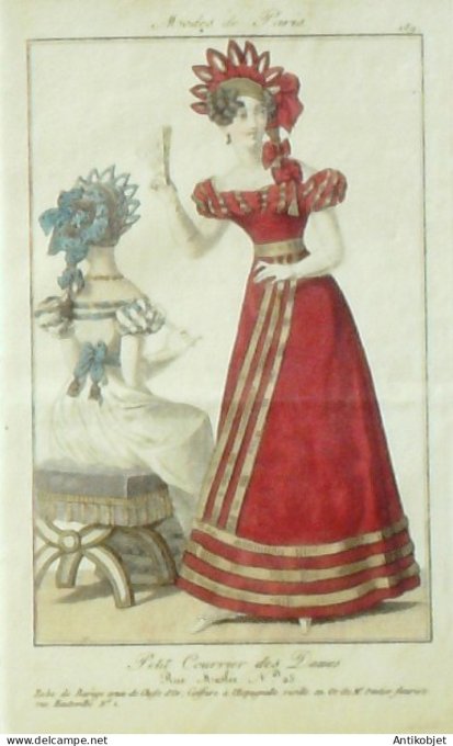 Gravure de mode Petit courrier des Dames 1823 n° 189 Robe Barège (Maison Pontier)