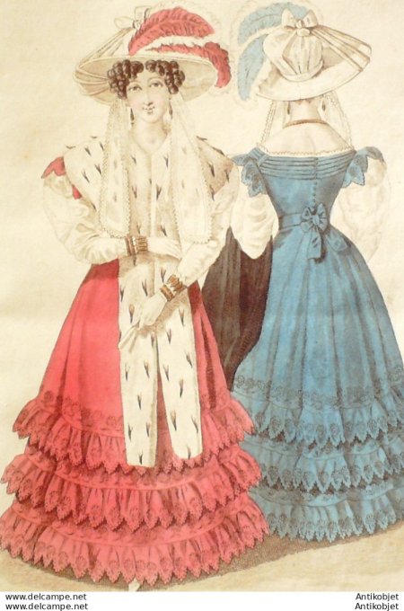 Gravure de mode Costume Parisien 1826 n°2391 Robe de cachemire palatine d'Ermine